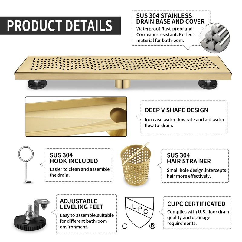 BAUNVB Linear Shower Drain 36 Inch Rectangular, Brushed Gold 304