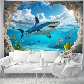 FENDROM Blue Ocean Shark Tapestry Tropical Fish and Coral in Undersea Deep Abyss With Blue Sunlight Landscape Wall Hanging for Bedroom Living Room Kids Tree Dorm Party Decor