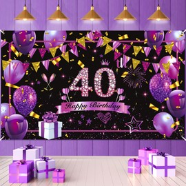 Cartel de decoración de 40 cumpleaños, color morado y negro, dorado con texto en inglés "Happy 40 Birthday", color morado brillante, negro, 40 cumpleaños, para mujeres y hombres, suministros de fiesta