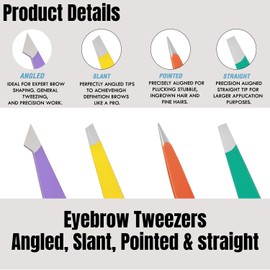 Professional Eyebrow Tweezers for Facial Hair Women & Men Stainless Steel, Angled, Straight, Slanted and Pointed Tip Precision Tweezers for Ingrown Hair Tweezers (4, Multi)