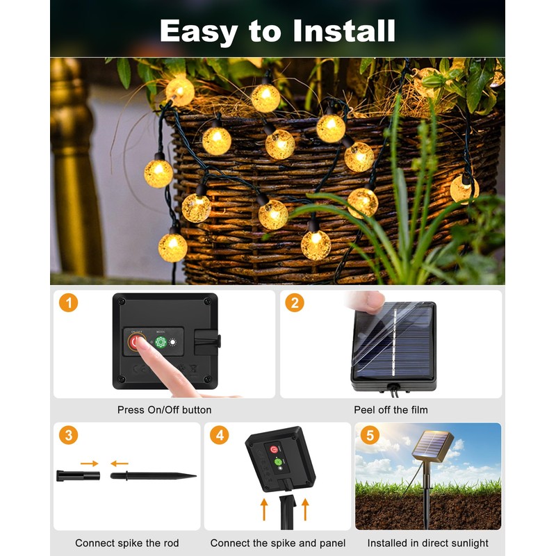 btfarm 2 Pack Solar String Lights Outdoor Waterproof, Total 98