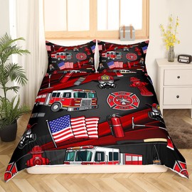 American Flag Duvet Cover Set Twin,Cartoon Fire Truck Bedding Set 2pcs for Kids Teen Boys Room Decor, Fire Fighting Supplies Comforter Cover Soft Fire Extinguisher Quilt Cover with 1 Pillowcase