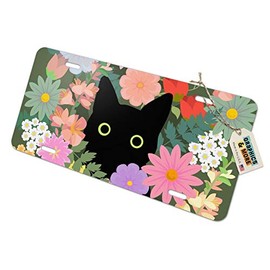 GRAPHICS & MORE Black Cat Hiding in Spring Flowers Novelty Metal Vanity Tag License Plate