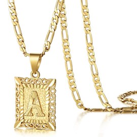 KissYan Initial Letter Pendant Necklace for Men Womens, 14K Gold Plated Square Capital Monogram Necklace Alhpabets from A-Z Figaro Chain Necklace - Color: White Gold, Letter: L