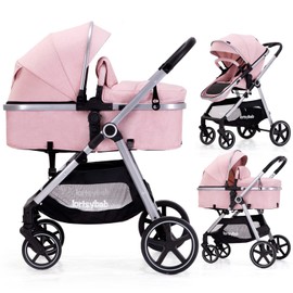 Lortsybab 2-in-1 Baby Stroller - Folding Infant Newborn Pram Stroller with Reversible Seat - Toddler Strollers for 0-36 Months Old Babies (Pink)