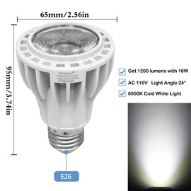 Rowrun PAR20 LED Bulbs 100W Equivalent 16W, Dimmable 6000K Cold White, 1200LM E26 Medium Base, COB 24°Indoor Flood Light 2-Pack