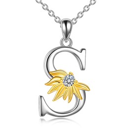 VONALA 925 Sterling Silver Sunflower Necklace Sterling Silver Initial Alphabet Letter Script Name Pendant Sunflowers Jewellery Gifts for Women Girls, Sterling Silver