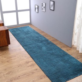 Hand Knotted Loom Wool ECO-Friendly Area Rugs - 2'6''x6', Runner, Blue Color, Solid Plain Design, High Pile Thick Handmade Anti Skid Area Rugs for Living Room, Bed Room (L00111)