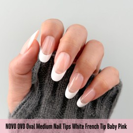 NOVO OVO White French Tip Oval Nail Tips Press on BABY PINK, Extra Thick Medium Soft Gel Fake Nail Acrylic Extension, Need Builder Gel Top Coat, No Glue Included, for Salon DIY x 15 Sizes 240 pcs