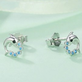PAHALA 925 Sterling Silver Cut Dolphin With Blue Crystals Party Wedding Stud Earrings