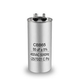 Iruihoo 55uF CBB65 Motor Capacitor 450V AC 50/60Hz, 55µF Starting and Operating Capacitor with Self-Healing, Metal Housing for Air Conditioning, Refrigerator, Compressor