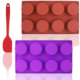 Molde de silicón redondo de 8 cavidades con espátula de silicona, SourceTon Paquete de 2 moldes de cilindro antiadherente para jabón hecho a mano, magdalena, muffin, cubo de hielo: marrón y morado