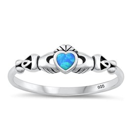 Blue Simulated Opal Mini Celtic Claddagh Ring New .925 Sterling Silver Band Size 7