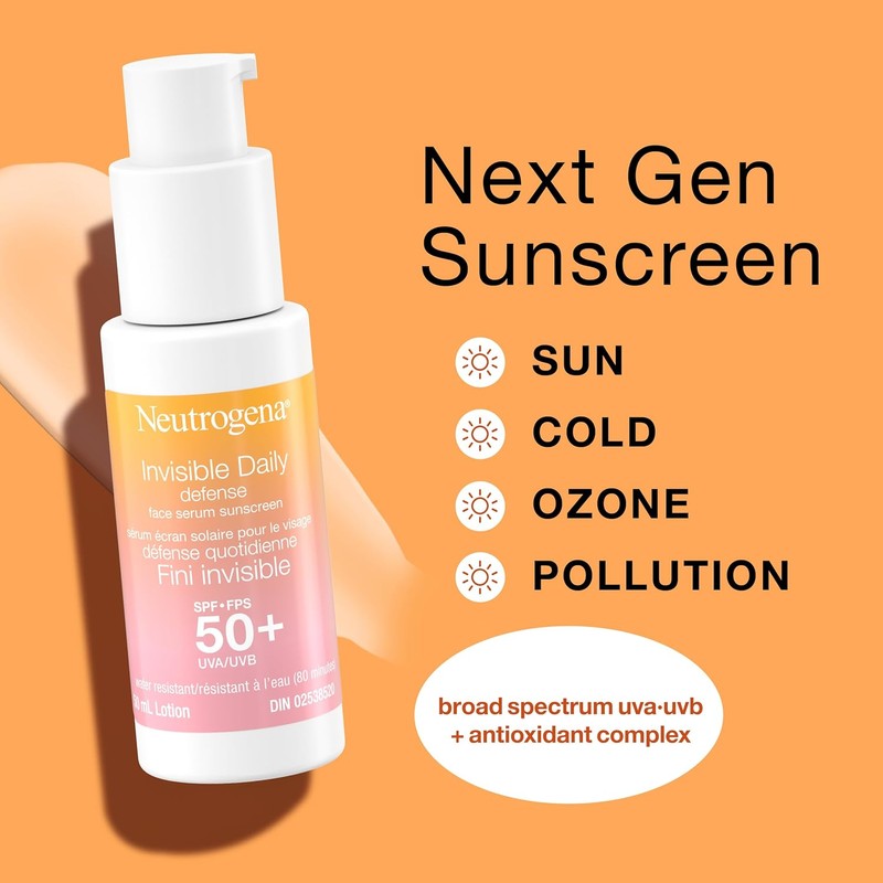 Neutrogena Invisible Daily Defense Face Serum Sunscreen, SPF 50+, Face