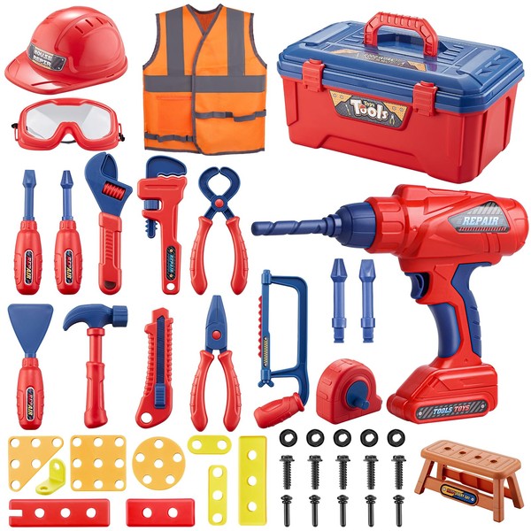 Magic4U Kids Tool Set, 49PCS Toddler Tool Set with Electronic Toy Drill,Tape Measure 12 Tool Equipements,Pretend Play Construction Coustume with Safety Vest Hat,Toy Tool Box for Kids Boy Girl Age 3-8