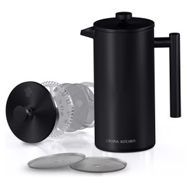 Utopia Kitchen French Press Coffee Maker, Double Wall Insulated Stainless Steel Coffee Press with 4-Level Filtration system, Includes 2 Extra Filters, Rust-Free, Dishwasher Safe (Black, 17 Ounce)