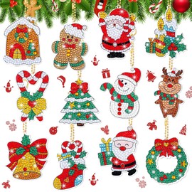 Figarge 5D Diamond Painting Christmas Pendants, Pack of 12 DIY Diamond Painting Key Chains, Santa Claus Diamond Painting Key Chain, Double-Sided Snowman Diamond Painting DIY Kit