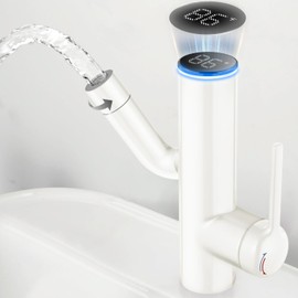 Bathroom Faucet 1 Hole Digital Temperature Display Faucet (Batteries Free),Cactus Shaped Modern Design,1Handle Vanity Faucet,Height Adjustable, 2 Water Outlet Mode,Swivel Spout,(White)