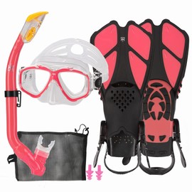 Kids Snorkeling Set with Fins Anti Leak Snorkeling Gear for Kids with Adjustable Flippers, Youth Junior Full Dry Snorkel Set Swimming Goggles with Nose Cover Diving Mask Scuba with Bag, 5-14 Yrs