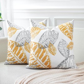 Sungeek Pack of 2 Leaf Print Decorative Cushion Covers Soft Pillow Covers with Invisible Zipper Square Throw Pillow Cases for Sofa Bed Patio Farmhouse Outdoor (Light Coffee+Grey, 45x45 cm)