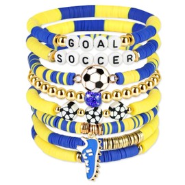 AKAIXI Soccer Beaded Bracelets, Blue Yellow and White Clay Friendship Bracelets Soccer Sport Fan Stretch Bracelet for Sports Game Team Coach Mom Women Men Jewelry Accessories Gift