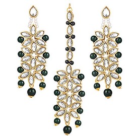 Aheli Pearl Crystal Floral Pendiente Maang Tikka Set para mujer Indian Traditional Bollywood Jewelry Set
