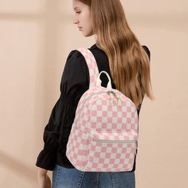 Corduroy Mini Backpack Purse Fashion Small Backpack Casual Daypack for Women Girls School Travel (Checkered Pink)