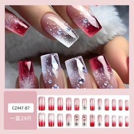 SINSEN Press on Nails Medium Length - Gradient Red White Press on Nails Square with Diamond Designs, Glossy Finished Glue on Nails, Reusable Stick on Nails in 12 Sizes - 24Pcs Acrylic Fake Nails Kit