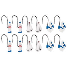 Nautical Shower Curtain Hooks Rust Proof, Nautical Theme Bathroom Decorative Shower Curtain Rings with Ocean White Lighthouse Ship Anchor (Set of 12)