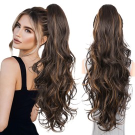 Claw Clip Ponytail Extension - 26 Inch Long Ponytail Extension, Wavy Pony Tails Hair Extensions, Synthetic Hair Extensions Ponytail, Clip On Ponytails for Women (Color: Brown with Blonde Highlights)