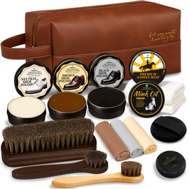 Feilove 16-in-1 Shoe Polish Kit – Black/Brown/Neutral Shoe Wax, Saddle Soap & Mink Oil (5×2.1oz) – 3 Horsehair Brushes – Leather Shoe Shine & Care Kit in Luxury Leather Bag – Gift for Men & Women
