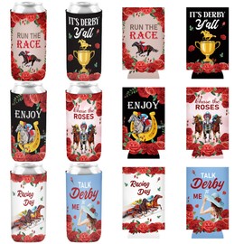 24 Pcs Can Cooler Sleeves for Horse Race Day, Tall Beverage Holders for Soda and Energy Drinks, Roses Design Party Favors, Equestrian Theme Decorations Set
