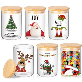 Suclain 6 Pcs Christmas Glass Storage Jars with Lid 19 oz Retro Christmas Glass Cookie Jars Santa Snowman Reindeer Tree Decorative Canisters Gift for Kitchen Indoor Containers Countertop Decoration