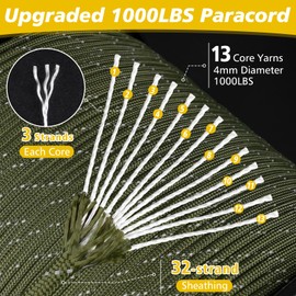 X XBEN Paracord Reflective 1000lb, 50/100/200/500/1000ft 4mm, 13 Strand Parachute Spool Cord, Heavy Duty Paracord Rope for Camping, Fishing, Hiking, Hunting, DIY Crafts, Black