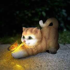 HIAME Cat Figurine Garden Decoration Cat Garden Decoration Butterflies Solar Lights for Outdoor Balcony Garden Decoration Courtyard Layout Cute Cat Top Butterfly Ornaments Resin Solar Lights (Yellow)