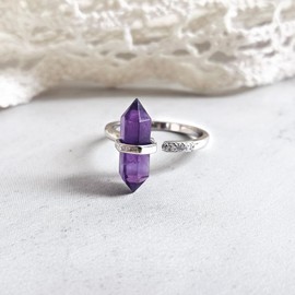 Natural Amethyst Ring, Hexagonal Amethyst Crystal Ring for Women, Adjustable Silver Tone Purple Ring for February Birthstone Jewelry