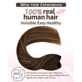 AGMITY Wire Hair Extensions Human Hair Dark Brown with Chestnut Brown Balayage 14 Inch 70g Invisible Wire Hair Extensions with Transparent Seamless Fish Line Hairpiece(14 Inch #P2/6/T2)