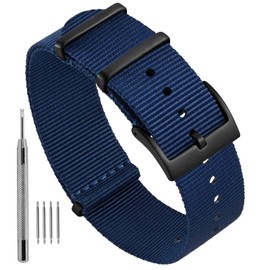 Ayadoo 18mm One-Piece Military Style Nylon Watch Band, Blue Watch Strap with Black Buckle