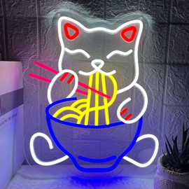 Fortune Cat Ramen Neon Sign, Japanese Lucky Cat Noodle LED Light Signs for Ramen Restaurant, Dimmable Anime Ramen Cat Neon Lights up Living Room, Wall Decor, Home Bar, Kitchen Restaurant Dining