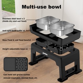 3-in-1 Elevated Dog Bowls Dual Level - Mess Free Dog Feeding Station 6.7" to 15.9", 6 Heights Adjustable Bowl Stand, Including 2 Stainless Steel Bowls, Slow Feeder & Lick Plate, Medium to Large Pets