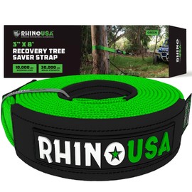 Rhino USA Tree Saver Tow Strap (3" x 8') - 31,518lb Break Strength - Emergency Recovery Strap Winch Extension for Truck, UTV, ATV & More - Heavy Duty Straps Compatible with Jeep, Ford, Toyota (Green)