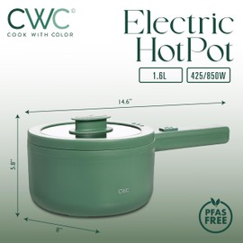COOK WITH COLOR Electric Hot Pot, 1.6L Mini Cooker, 700W Power, Non-Stick Surface, Thermal Cut-Out Protection, Perfect for Rice, Noodles, Soups, Stews, Dorms, Apartments, and Small Kitchens, Dark Sage