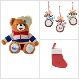 Holiday Time 2024 Snowflake Christmas 15 inch Collectible Plush Teddy Bear with Christmas Reindeer Ornament and Mini Stocking (Blue & Red Striped Sweater Boy)