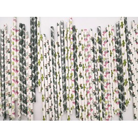 CTIGERS Hawaiian Tropical Paper Straws for Summmer Party Beach Cocktail Flamingo Pineapple Cactus Coconut Tree 4 Color Mixed Biodegradable Drinking Straws Box of 100
