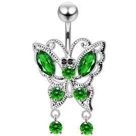 Dark Green CZ Crystal Stone Filigree Butterfly with Twin Round Gem Dangling 925 Sterling Silver Belly Ring Body Jewelry