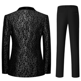 Floral 3 Piece Black Tuxedos for Men Jacquard Jacket Pants Bow Tie Shawl Lapel Single Breasted One Button Prom Party Set Size XXXL