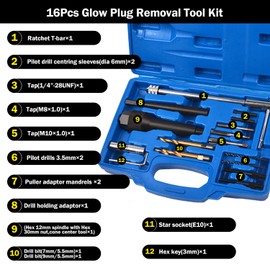 Prokomon 16 Pcs Glow Plug Removal Tool, 8 mm 10 mm Damaged Glow Plug Extractor Repair Tool Set for Cylinder Heads 0.3 inch 0.4 inch