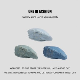 Unisex Four Seasons Classic Denim Blue Beret Painter Hat M(56-58cm)/Denim Green 3ea