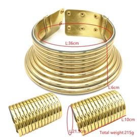 COLORFUL BLING African Statement Choker Snap Necklaces Bangle Jewelry Set Egypt Long Neck Collar Chunky Wide Leather Bracelet Stud Earring for Women-gold