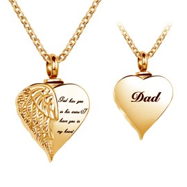 LuxglitterLin Guardian Angel Wing Cremation Urn Necklace for Ashes Dad Heart Shape Memorial Keepsake Pendant Ash Holder Jewelry for Women Girls, Gold (UR_DL_Heart5_Dad_G)